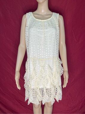 Anthropologie Neslay Cream Chiffon Sleeveless Drop Waist Ruffled Dress Large